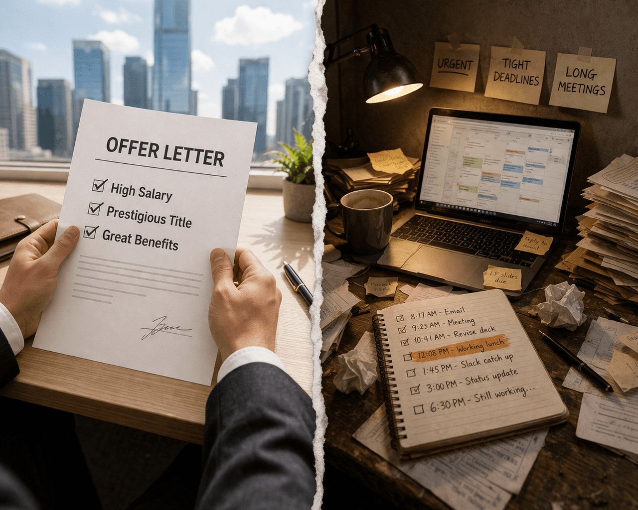 A split image showing a promising job offer letter on one side and an overloaded workday with meetings, deadlines, and clutter on the other.